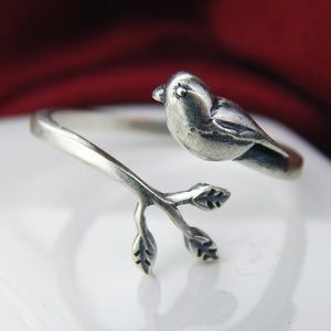 100% 925 Sterling Silver Bird on Branch Open Ring